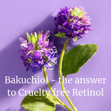 Load image into Gallery viewer, Truth Cosmetics bakuchiol and rose geranium facial oil with purple flowers on a pastel background