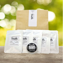 Load image into Gallery viewer, Truth Cosmetics1 sample kit with sachets and muscle balm in kraft pouch hydrating face and body lotion with free sample
