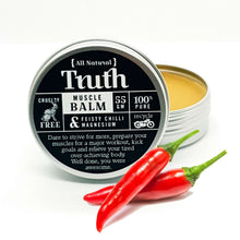 Load image into Gallery viewer, Truth Cosmetics chilli magnesium muscle rub muscle balm in a tin with red chili peppers