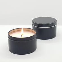Load image into Gallery viewer, Truth Cosmetics1 Australian bush vegan candle in matte black tin one lit and one closed for travel