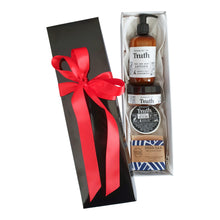 Load image into Gallery viewer, Truth Cosmetics beer bar face and body lotion set gift box with red ribbon containing lotion jar and soap