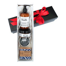 Load image into Gallery viewer, Truth Cosmetics gift box with beer bar face and body lotion set showing pump lotion bottle balm tin and beer bar soap