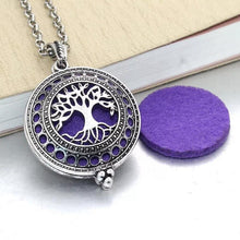 Load image into Gallery viewer, Silver Tree of Life pendant necklace with purple felt pad aromatherapy diffuser jewellery for essential oil use