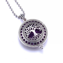 Load image into Gallery viewer, Silver tree of life aromatherapy diffuser jewellery pendant with purple glitter interior and beaded chain