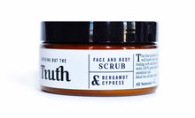 Load image into Gallery viewer, Truth Cosmetics bergamot and cypress exfoliating scrub in amber jar with black lid for face and body