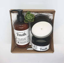 Load image into Gallery viewer, Truth Cosmetics grapefruit cedarwood body lotion scrub and candle gift pack arranged in kraft box with pump lotion jar candle