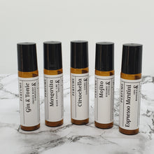 Load image into Gallery viewer, Truth Cosmetics1 set of five amber roller perfumes with cocktail inspired labels natural vegan essential oil perfume