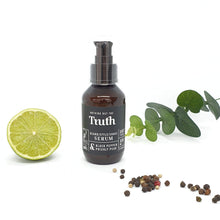 Load image into Gallery viewer, Truth Cosmetics beard serum for men amber pump bottle with lime half eucalyptus sprig and peppercorns