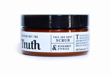 Load image into Gallery viewer, Truth Cosmetics bergamot cypress exfoliating scrub in amber jar with black lid for face and body scrub