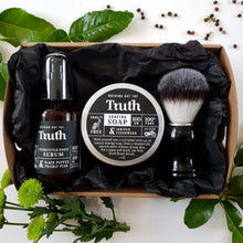 Load image into Gallery viewer, Truth Cosmetics grooming gift box with black pepper beard serum bottle shaving soap tin and brush