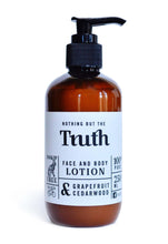 Load image into Gallery viewer, Truth Cosmetics1 face and body lotion grapefruit and cedarwood amber pump bottle vegan lotion with free sample offer