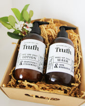 Load image into Gallery viewer, Truth Cosmetics vegan face and body wash and lotion set in amber pumps with grapefruit cedarwood and java mandarin
