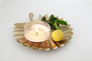 Styled display with lit candle on gold leaf tray and citrus sprig for vegan face and body wash and lotion set