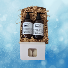 Load image into Gallery viewer, Truth Cosmetics vegan face and body wash and lotion set in a gift box with two pump bottles and kraft filler
