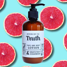 Load image into Gallery viewer, Truth Cosmetics grapefruit cedarwood lotion in amber pump bottle on grapefruit background vegan lotion with free sample offer
