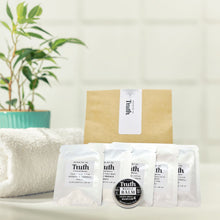Load image into Gallery viewer, Truth Cosmetics vegan skincare sample pack featuring individual sachets and muscle balm in kraft pouch
