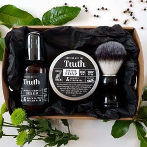 Black Pepper & Prickly Pear Beard/Style/Shave Serum | Juniper & Cedarwood Shaving Soap | Vegan Shaving Brush | Gift Pack - Truth Cosmetics