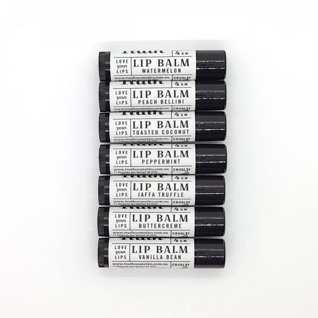 Lip Balm | Vegan | Cruelty Free | Chemical Free | Vanilla Bean | Peppermint | Toasted Coconut | Jaffa Truffle | Butter Creme | Watermelon | Peach Bellini - Truth Cosmetics, vegan lip balm, chemical free, Australian made.