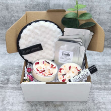 Load image into Gallery viewer, Bliss Mini Spa Pack | Java + Mandarin Face Wash | Grapefruit + Cedarwood Face + Body Lotion | Rosewood + Chamomile Face + Body Cream | Bergamot + Cypress Face + Body Scrub | Facial Cleansing Mitt | Two Rose Quartz Crystal Soy Wax Candles
