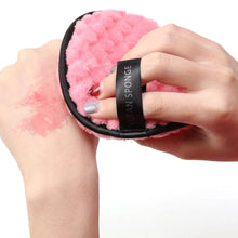 Load image into Gallery viewer, Truth Cosmetics pink plush eco-friendly makeup remover mitt wiping lipstick swatch from hand
