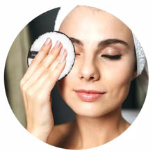Load image into Gallery viewer, Truth Cosmetics reusable eco-friendly makeup remover mitt on woman removing eye makeup with head towel
