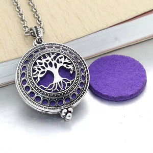 Silver Tree of Life pendant necklace with purple felt pad aromatherapy diffuser jewellery for essential oil use