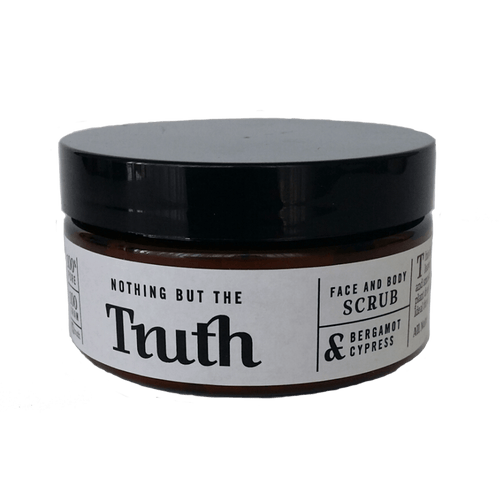 Truth Cosmetics bergamot and cypress exfoliating scrub in brown jar with black lid for face and body