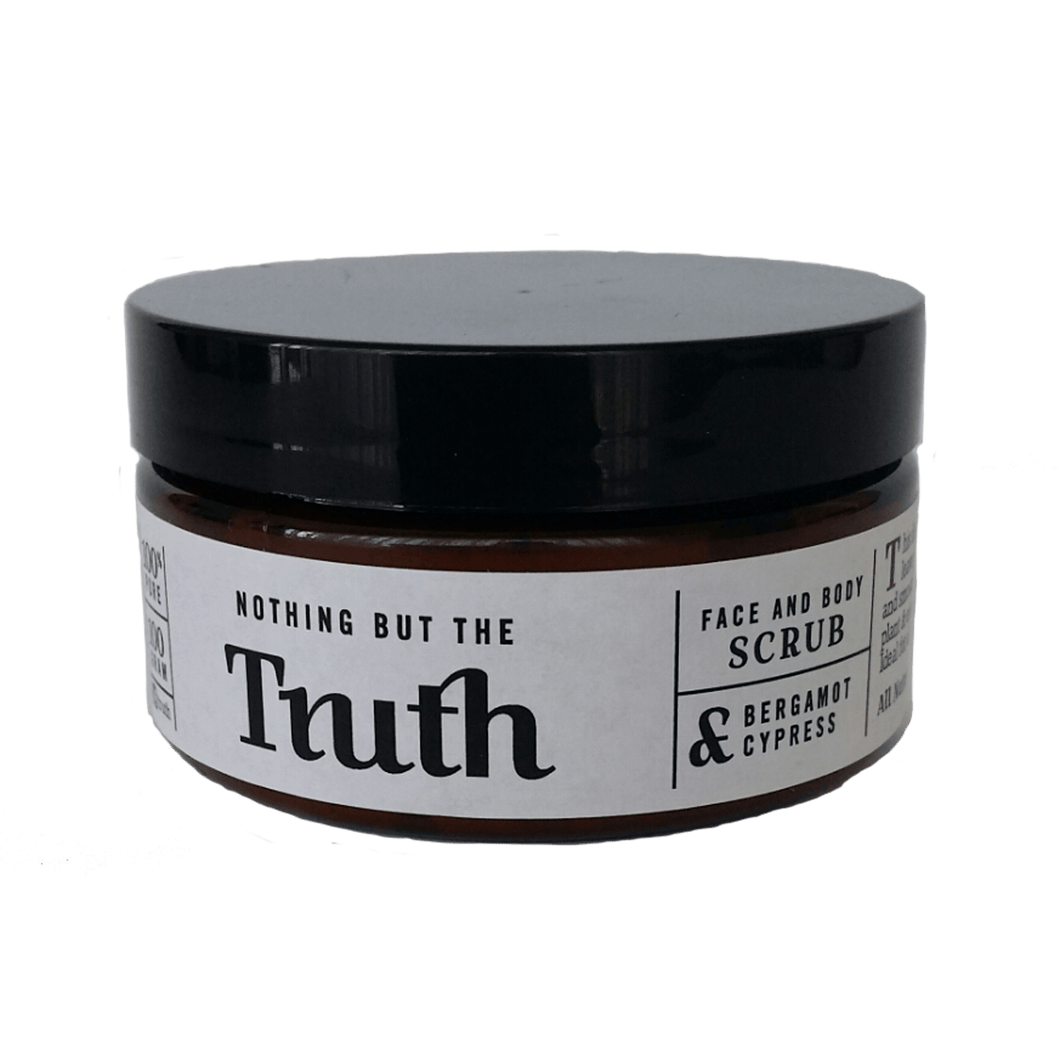 Truth Cosmetics bergamot and cypress exfoliating scrub in brown jar with black lid for face and body