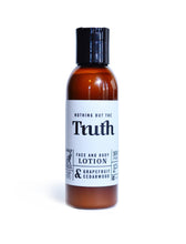 Load image into Gallery viewer, Truth Cosmetics grapefruit cedarwood lotion and candle pack showing amber face and body lotion bottle on white background
