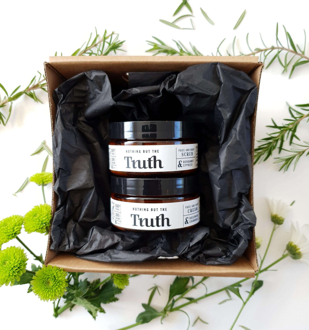 Scrub and Glow Pack | Bergamot & Cypress Face & Body Scrub 100gm |Rosewood & Chamomile Face & Body Cream 100gm - Truth Cosmetics