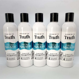 Truth Cosmetics Pure Hair Aquatic clarifying shampoo, rosemary and mandarin, australian made, vegan, chemical free, natural, cruelty free, gentle on hair, removes chlorine, swimmers shampoo, removes hairspray build up, pH balanced, dry hair, dull hair, brittle hair.