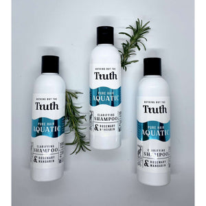 Truth Cosmetics Pure Hair Aquatic clarifying shampoo, rosemary and mandarin, australian made, vegan, chemical free, natural, cruelty free, gentle on hair, removes chlorine, swimmers shampoo, removes hairspray build up, pH balanced, dry hair, dull hair, brittle hair.