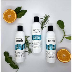 Truth Cosmetics Pure Hair Aquatic clarifying shampoo, rosemary and mandarin, australian made, vegan, chemical free, natural, cruelty free, gentle on hair, removes chlorine, swimmers shampoo, removes hairspray build up, pH balanced, dry hair, dull hair, brittle hair.