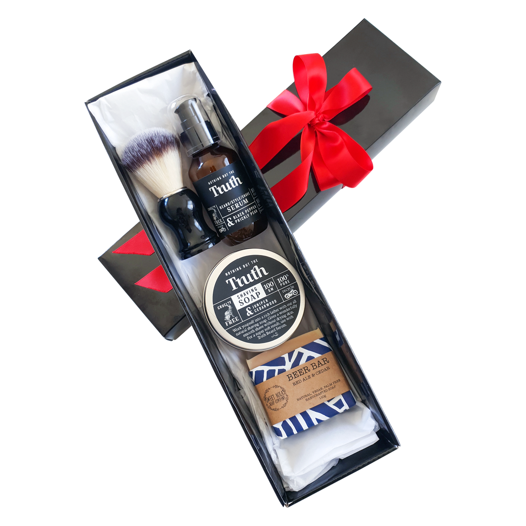 Beer Bar Shave Gift Pack | Juniper & Cedarwood Shaving Soap | Black Pepper & Prickly Pear Beard/Style/Shave Serum | Vegan Shaving Brush | Sweet Nola Beer Bar - Truth Cosmetics