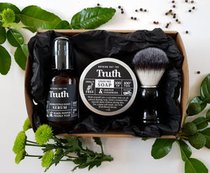 Black Pepper & Prickly Pear Beard/Style/Shave Serum | Juniper & Cedarwood Shaving Soap | Vegan Shaving Brush | Gift Pack - Truth Cosmetics