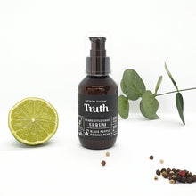 Load image into Gallery viewer, Truth Cosmetics beard serum for men in amber pump bottle with lime eucalyptus sprig and peppercorns
