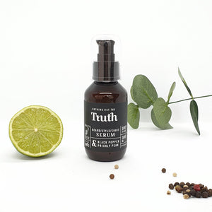 Truth Cosmetics beard serum for men in amber pump bottle with lime eucalyptus sprig and peppercorns