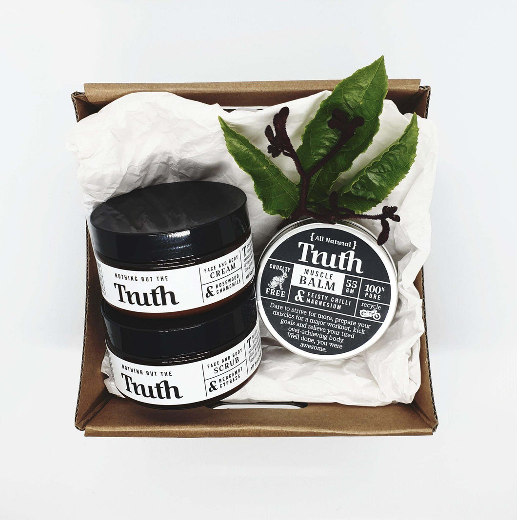 Bergamot & Cypress Scrub Rosewood & Chamomile Cream Chilli & Magnesium Muscle Balm natural vegan skincare pack in kraft box