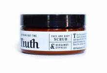 Load image into Gallery viewer, Truth Cosmetics bergamot cypress exfoliating scrub in amber jar with black lid for face and body scrub
