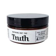 Load image into Gallery viewer, Truth Cosmetics1 bergamot cypress exfoliating scrub in amber jar with black lid face and body label
