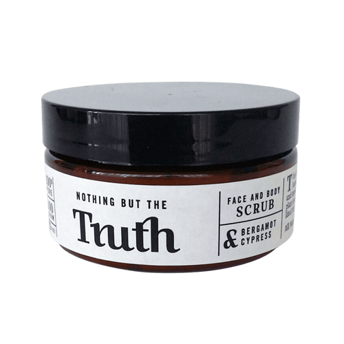 Truth Cosmetics1 bergamot cypress exfoliating scrub in amber jar with black lid face and body label