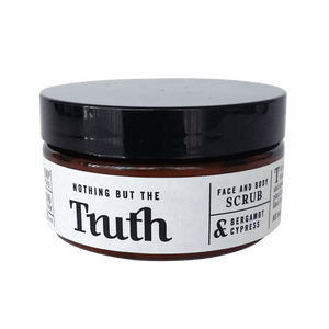 Truth Cosmetics1 bergamot cypress exfoliating scrub in amber jar with black lid face and body label