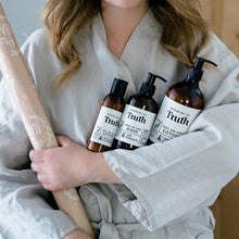 Load image into Gallery viewer, Truth Cosmetics cruelty free beauty gift card image showing person in robe holding three skincare bottles and rolled gift wrap
