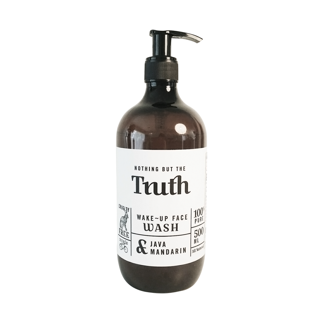 Truth Cosmetics1 java and mandarin face wash in 500ml amber pump bottle with wake up formula