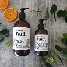 Load image into Gallery viewer, Truth Cosmetics java and mandarin face wash two amber pump bottles with mandarin slices and greenery on a gray background
